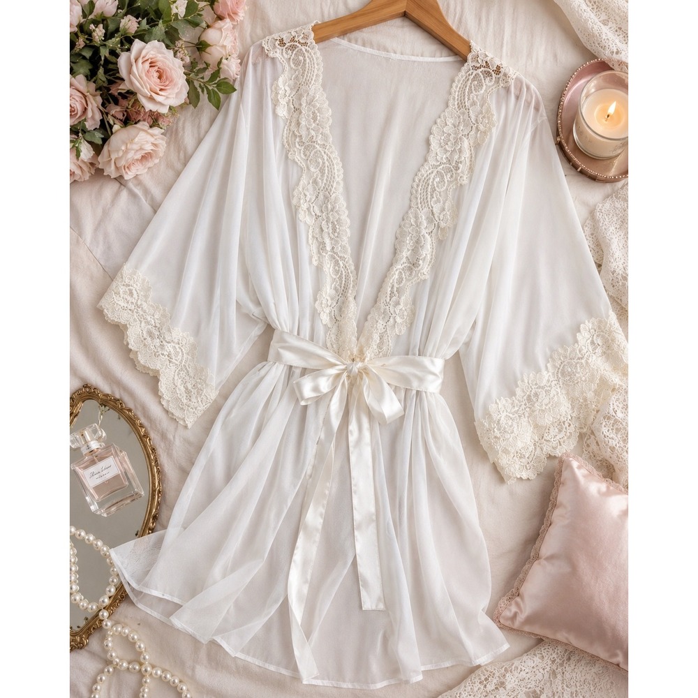 Seductions White Sheer Chiffon Robe size XL Lace Bridal Peignoir Belted Romantic
